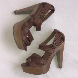 Tan platform heeled strappy sandals